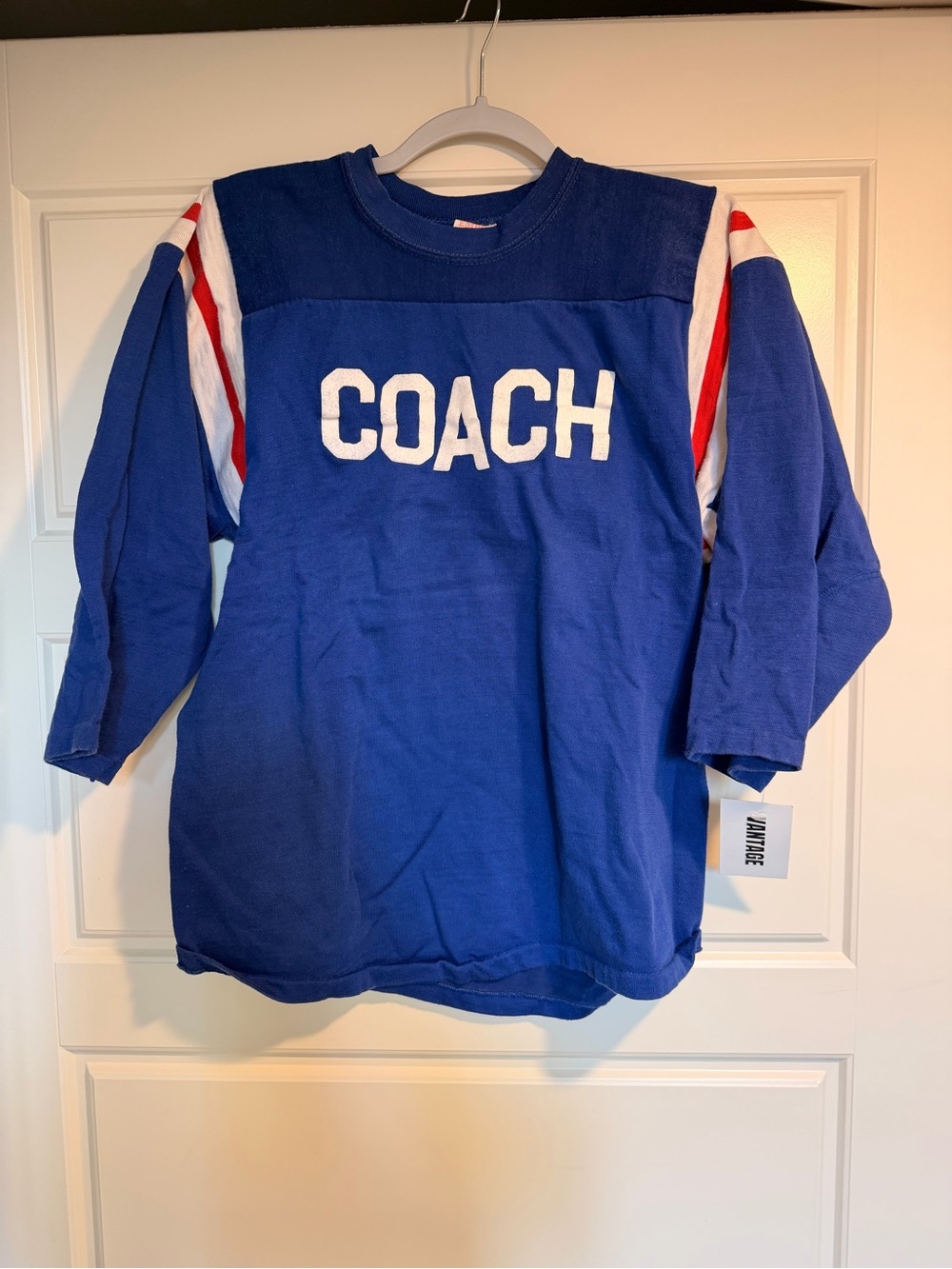 Vintage Blue 'COACH' Shirt with Red & White Sleeve Stripes Off Campus Jersey
